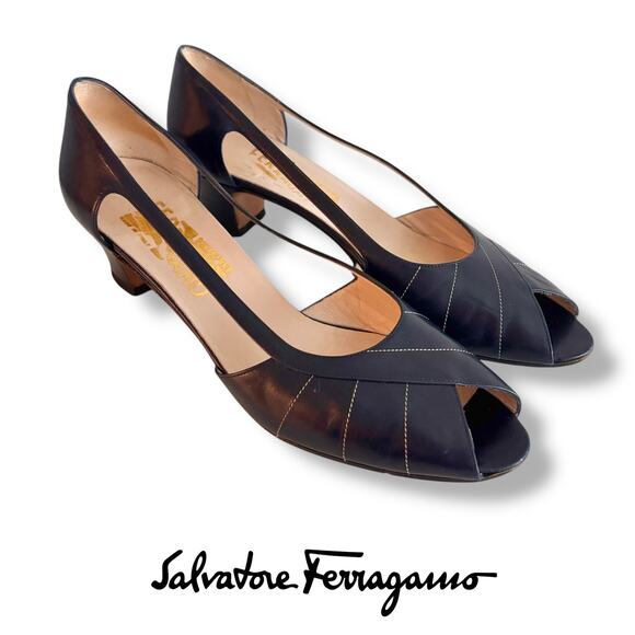 Vtg Salvatore Ferragamo Open Toe Heels Sz 9 40 Navy Blue Leather Shoes Pumps - Picture 1 of 12